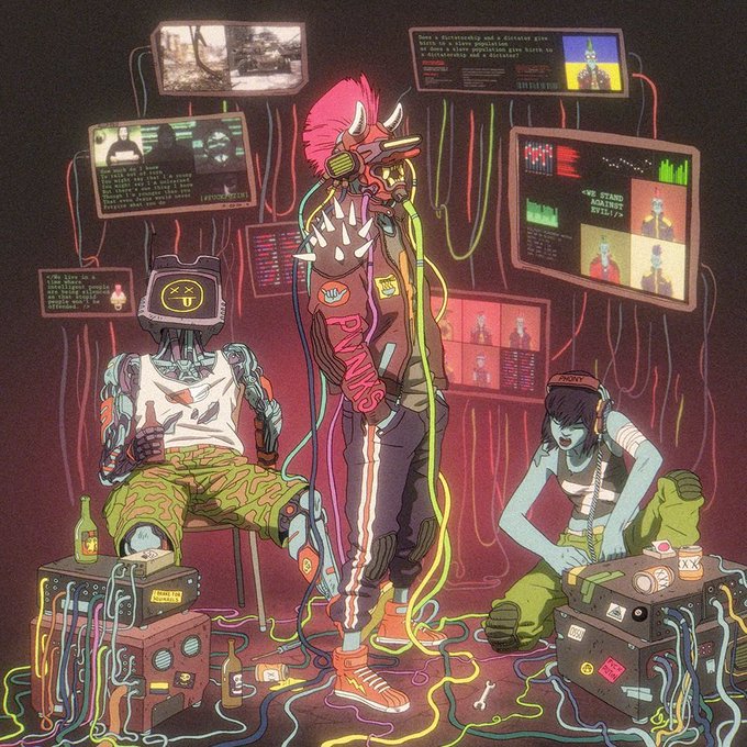A colorful cyberpunk-style illustration featuring three stylized characters—a robot, a figure with a pink mohawk and gas mask, and a green-skinned character—surrounded by monitors and tangled cables.