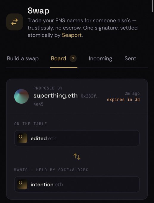 A screenshot of a 'Swap' interface for trading ENS names, showing a proposed swap by 'superthing.eth' offering 'edited.eth' in exchange for 'intention.eth' on the board.