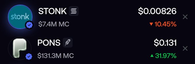 The image displays two Solana meme coins: STONK at $0.00826 (down 10.45%) with a $7.4M market cap, and PONS at $0.131 (up 31.97%) with a $131.3M market cap, highlighting the volatile and unpredictable nature of Solana-based tokens that can lead to frustration despite occasional gains.