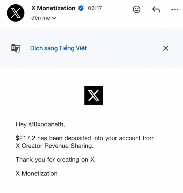 Screenshot of a message from X Monetization confirming that $217.2 has been deposited into @0xndaneth's account from X Creator Revenue Sharing. The image supports the post by showing the author's recent payout from X's revenue sharing program after previously falling below the threshold.