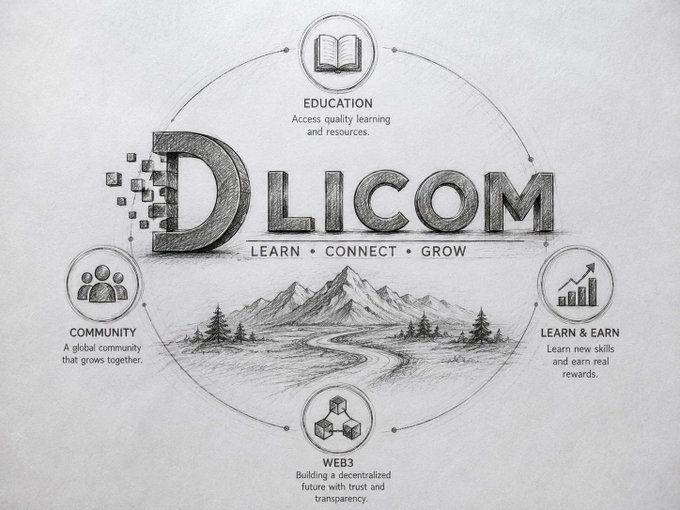 The image features a black and white illustration of a mountain landscape with a winding road, surrounded by various objects such as books and people. The main focus of the image is the phrase "LEARN - CONNECT - GROW" written in large letters at the center, which appears to be related to the concept of learning and connecting through the use of social media platforms like Dlicom.