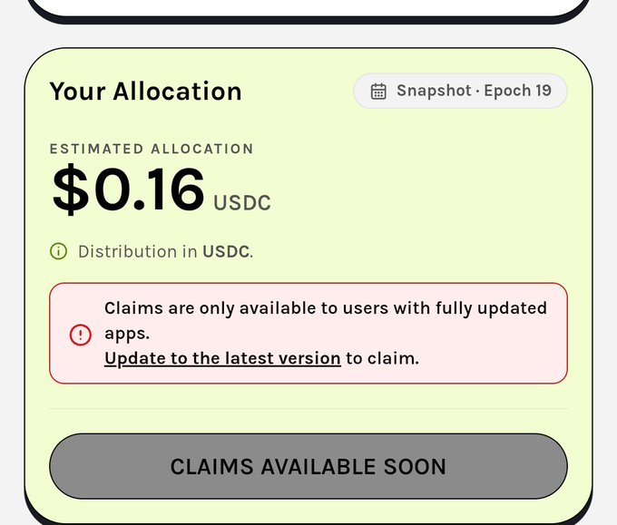 A mobile app interface screenshot displaying 'Your Allocation' with an 'ESTIMATED ALLOCATION' of '$0.16 USDC' for 'Snapshot · Epoch 19', noting 'Distribution in USDC' with a disabled button stating 'CLAIMS AVAILABLE SOON'.