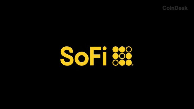 A black graphic features the yellow SoFi logo and wordmark at center, with a CoinDesk watermark in the upper-right corner. It accompanies CoinDesk’s report that SoFi launched “SoFi Earn,” offering 4.40% APY, FDIC insurance, and 1:1 conversion into SoFiUSD.
