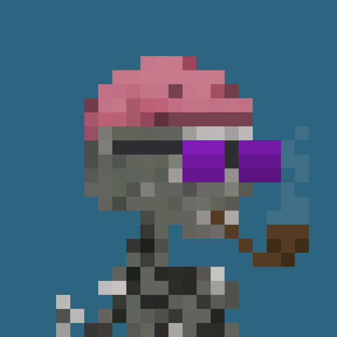 A pixel art image of a similar robotic figure, this one featuring a pink helmet, a purple visor, and what appears to be a pickaxe tool, suggesting a mining theme.