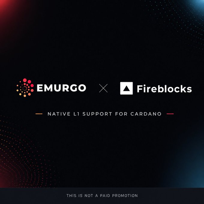 The image shows a promotional poster for Fireblocks, which is an EMRGO partnership with @emurgo_io. The poster highlights that native L1 support for Cardano is coming soon, indicating that this integration is not only about a partial access route but also about providing comprehensive support to users of the platform. This collaboration between EMRGO and @emurgo_io aims to enhance the user experience by offering native support for Cardano, which can be crucial in maintaining compliance with regulatory requirements and ensuring the security and stability of the platform.