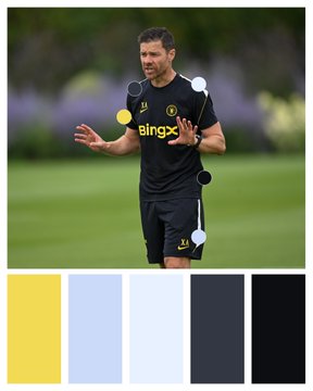 A photograph of soccer manager Mikel Arteta wearing a black training top with the 'Binge' sponsor logo, displayed above a color palette showing yellow, gray, and black swatches.