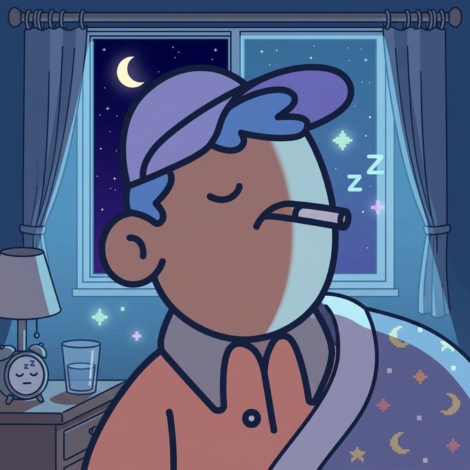 A digital illustration shows a young boy wearing a backwards blue cap, peacefully sleeping with a cigarette in his mouth against a nighttime window backdrop, with 'zzz' floating from his face.