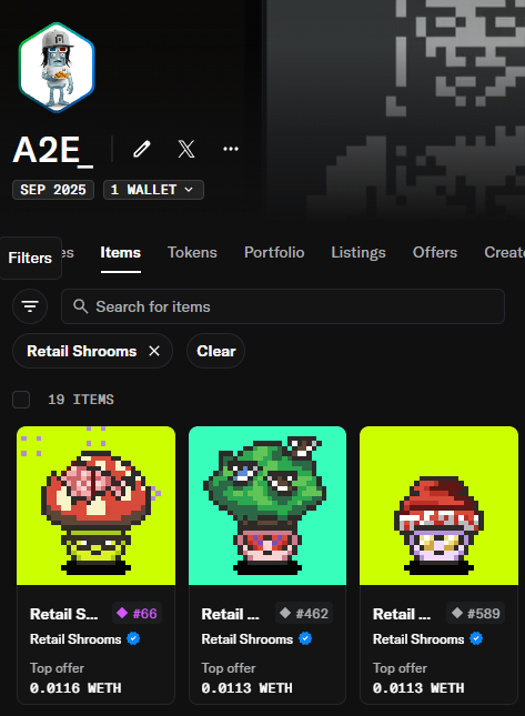 A mobile screenshot of a crypto marketplace displaying 'Retail Shrooms' NFTs for sale, including pixel art mushrooms listed at prices like 0.0116 WETH and 0.0113 WETH.