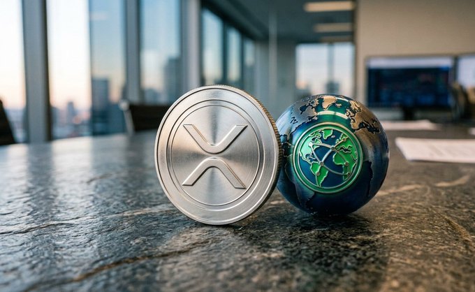 A 3D render of two coins on a desk: a silver XRP coin standing on edge and a dark globe with green continents featuring a green logo, set against a blurred office background.