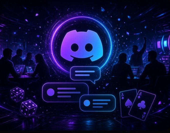 A neon purple Discord logo surrounded by glowing chat bubbles, dice, and playing cards against a dark, futuristic background with silhouettes of people.
