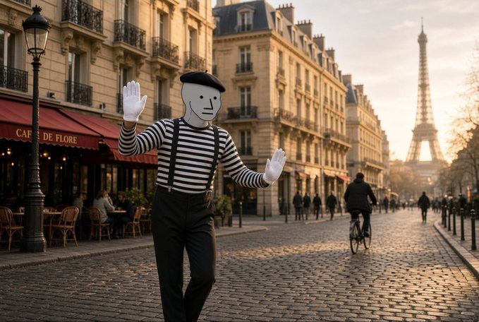 A mime in classic striped shirt, beret, and white face paint performs on a Parisian cobblestone street with the Eiffel Tower and Café de Flore visible in the background.