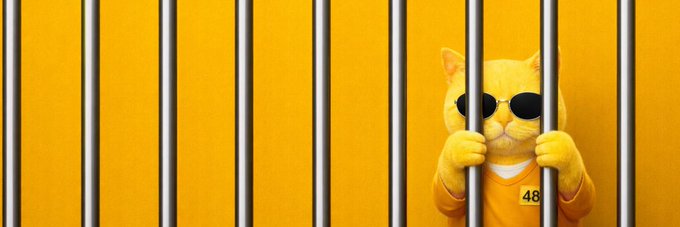 The image features a yellow cat wearing an orange shirt with sunglasses peeking through bars. The caption reads, "Matrix Community is welcoming a new collaboration with @Yellowcatz_ Supply: 777 Chain: ETH Mint: Free about YELLOWCATZ It's a culture-driven movement born from chaos, memes, and the spirit of Web3. All unique pieces. No repeated traits. Every cat has its own identity."