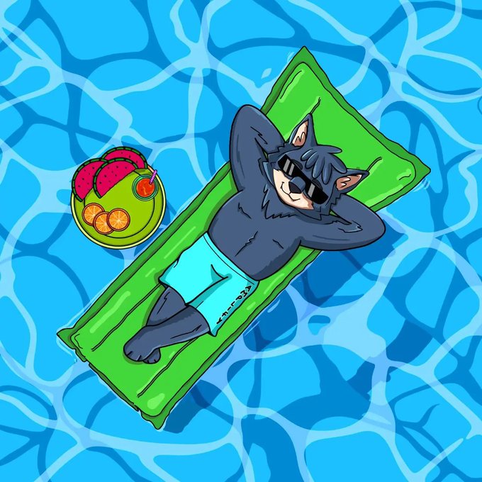 The image features an illustration of a raccoon lounging on a raft in a swimming pool. The raccoon appears to be enjoying its time, lying down with sunglasses on its face. In front of the raccoon, there are two bowls - one containing fruit and another filled with watermelon slices. These items suggest that the raccoon is having a relaxing day by the river while snacking on some fresh fruits and watermelon. The image also includes text that reads "Good Evening What keeps me bullish on River is that the ecosystem continues to grow with every season. Staking rewards, River Points, satUSD utility, and a community that stays active every day all create real reasons to participate." This message emphasizes the importance of maintaining and preserving natural resources like rivers for future generations.