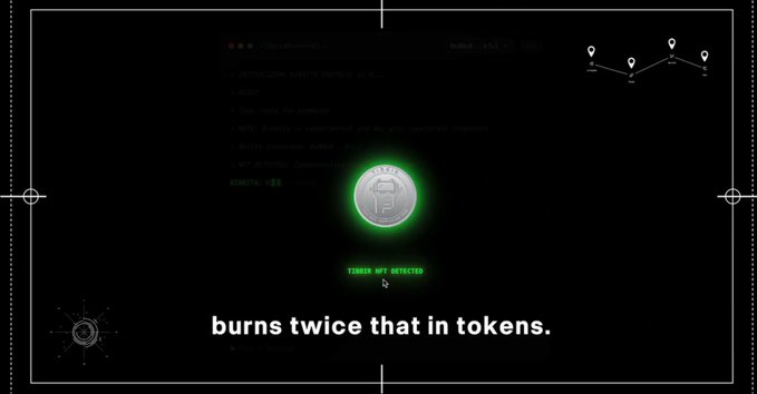A dark interface displays a glowing green coin icon with the text "TIBBIR NFT DETECTED" below it, accompanied by the caption "burns twice that in tokens," illustrating a token burn feature related to the $TIBBIR project.