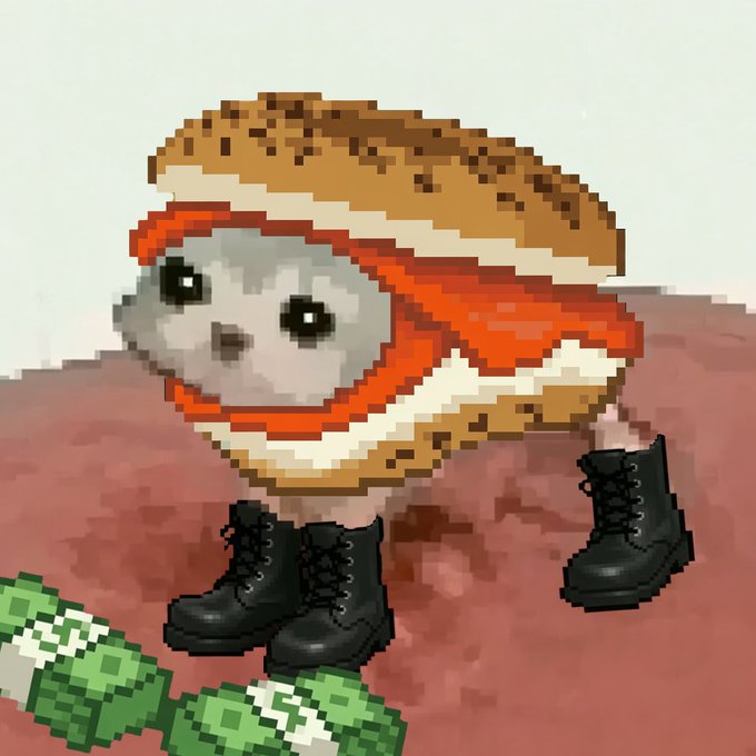 A pixel-art illustration of an anthropomorphic pie slice character with a face, wearing black combat boots, standing on a Martian-like red surface with pixelated soda bottles in the foreground.