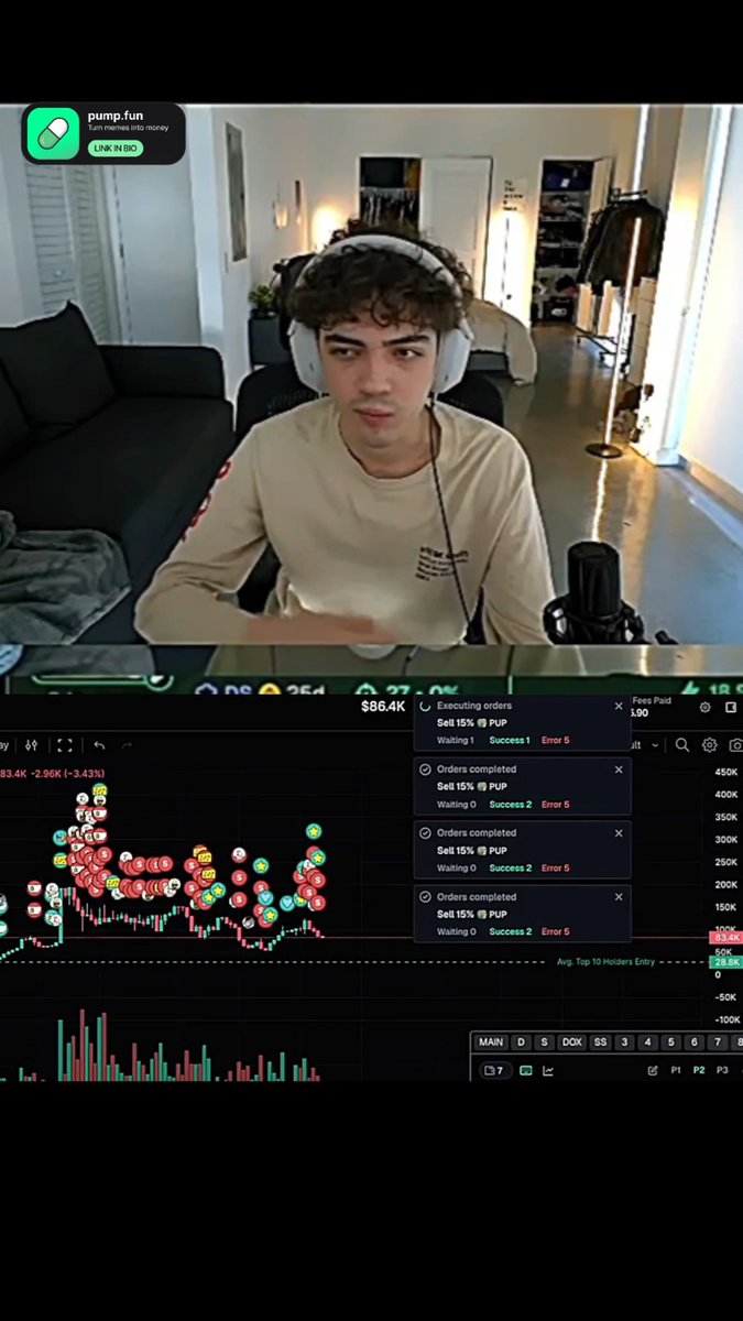 A screenshot of a live stream showing a young man with headphones on camera, with a trading chart displaying $86.4K and multiple 'Sell 10% @ XXX' order notifications on the bottom half.