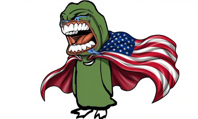 A cartoon illustration of a green Pepe-style character wearing an American flag as a cape, with a wide toothy grin and crying expression on a white background.