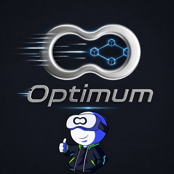 A dark graphic featuring the "Optimum" logo with a silver infinity-like design and blue cubes, with a blue mascot character wearing a VR headset giving a thumbs up.