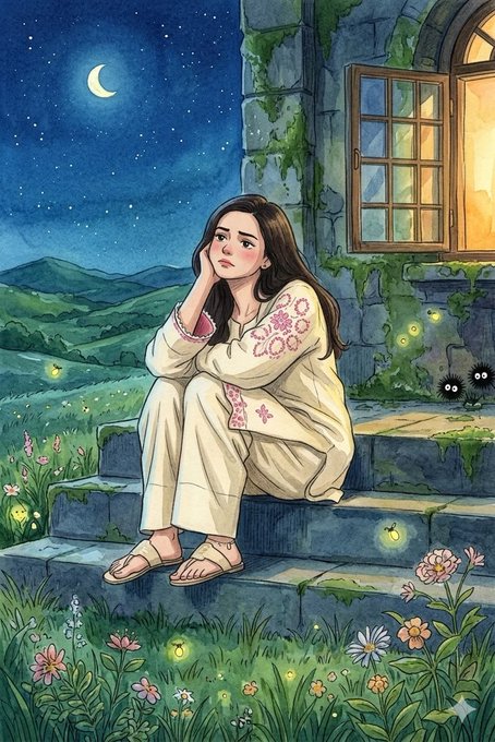 A stylized illustration shows a young woman with long dark hair sitting alone on stone steps at night, wearing a cream-colored traditional embroidered outfit and sandals, looking wistfully up at a crescent moon while fireflies glow among wildflowers.