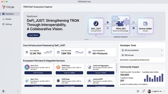 Screenshot of the TRON DeFi Ecosystem Explorer dashboard for DeFi_JUST, showing 12.5M TRX supplied, 7.8M TRX borrowed, 45+ active integrations, and integrated services like Aave Tron and SUN Swap.