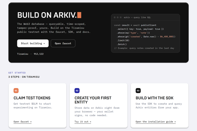 Screenshot of a 'BUILD ON ARKIV' landing page for the Tiramisu public testnet, featuring a SQL query code snippet and three 'GET STARTED' steps: claim test tokens, create your first entity, and build with the SDK.