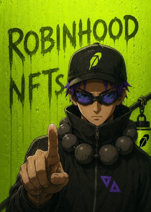 An anime-style character wearing a black cap and jacket with a chain accessory points at the viewer against a green wall with "ROBINHOOD NFTS" in dripping graffiti text, promoting a lineup of 8 new minting projects on the Robinhood Chain including TVbaPix, RobinStrays, and PAWMIESnft.