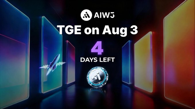 A countdown graphic for AIW3's Token Generation Event, displaying "TGE on Aug 3" with "4 DAYS LEFT" prominently featured alongside the AIW3 logo and a glowing token emblem, reinforcing the urgency of the upcoming August 3 TGE and Genesis Airdrop claim window mentioned in the post.