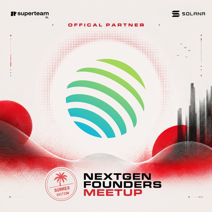 Promotional graphic for the "NEXTGEN FOUNDERS MEETUP" Summer Edition, featuring a green-to-blue gradient sphere logo and branding from Superteam PL and Solana as Official Partner.