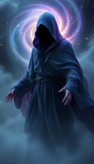 A hooded, faceless figure draped in flowing dark robes stands amid swirling mist, with a vibrant purple and pink cosmic vortex swirling behind its head, suggesting an enigmatic presence wielding otherworldly power. The image evokes the anonymous yet powerful nature of digital currencies—mystical and borderless, yet, as the post suggests, not truly hidden, as blockchain transparency reveals the forces behind every transaction.