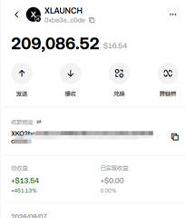 A mobile banking app screen displaying the XLAUNCH (xlaunch_odde) account balance of $209,086.52, with options for sending, receiving, scanning, and sharing payment codes.