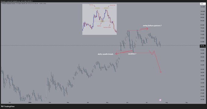 A TradingView chart of Hyperliquid (HYPE/USDC) annotated with a "swing failure pattern?" at recent highs, a "daily candle break" marking a key support level near $40, and a projected downtrend arrow, illustrating the author's bearish outlook that the token's price has only dropped ~15% so far but remains poised for further decline.