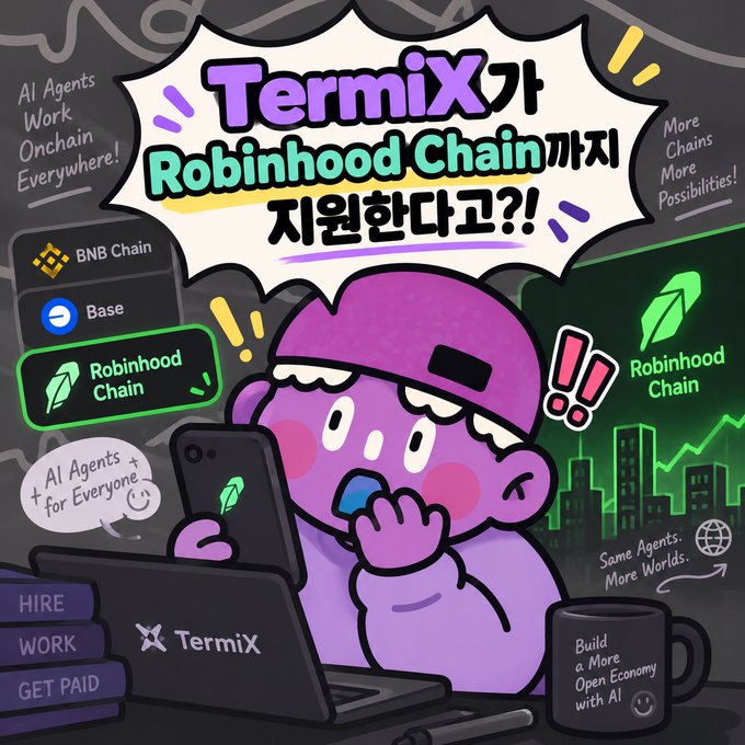 A cartoon-style promotional graphic announcing that 'Termix' is supporting 'Robinhood Chain,' alongside BNB Chain and Base, with a purple mascot looking surprised at a laptop displaying 'HIRE WORK GET PAID' and text like 'AI Agents Work Onchain Everywhere!'