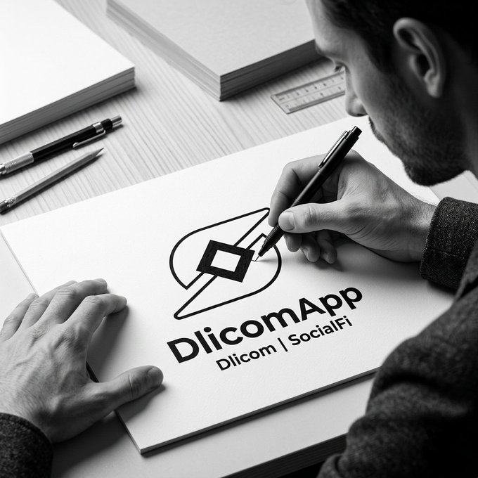 The image shows a man sitting at a desk with a white piece of paper that has the word "DlicomApp" written on it. The man is using a pen to draw a logo for the app, which is designed to disrupt the current social media landscape by focusing more on user engagement and less on extracting attention from users through likes and shares.
