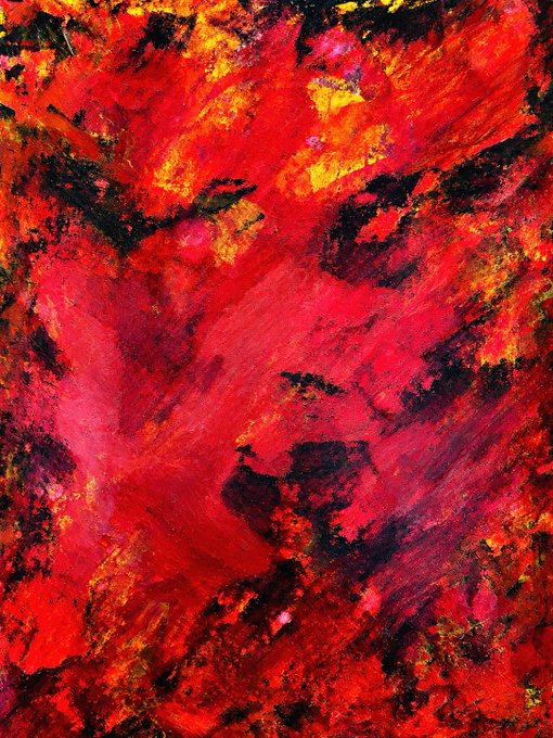 A vibrant abstract acrylic painting featuring intense reds, blacks, and yellows with bold, expressive brushstrokes that evoke a fiery, chaotic energy suggestive of hidden, lurking forms emerging from darkness. The piece visually embodies the "Out Of The Darkness" collection's theme, with shadowy shapes appearing to emerge from a swirling inferno of color.