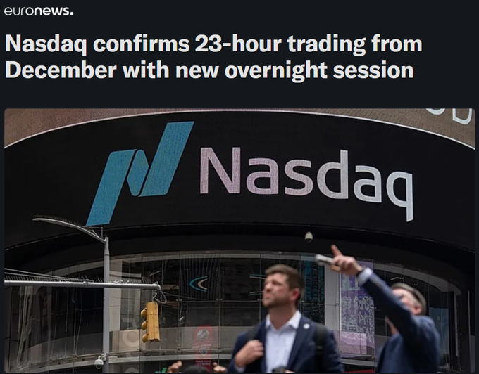 A Euronews headline reads 'Nasdaq confirms 23-hour trading from December with new overnight session' above an image of the Nasdaq building entrance with pedestrians in the foreground.
