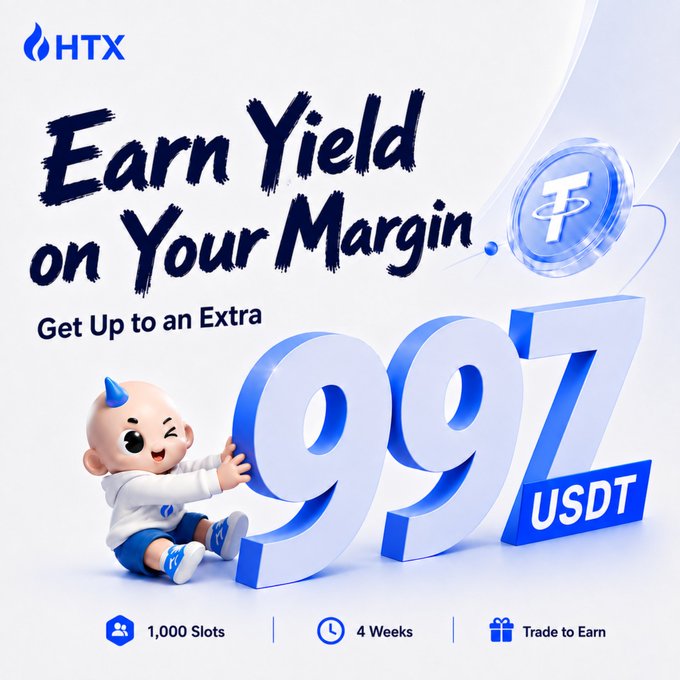 A promotional HTX (Huobi) cryptocurrency exchange graphic featuring a blue-haired cartoon mascot pushing large 3D "997 USDT" text, advertising an "Earn Yield on Your Margin" campaign offering up to an extra 997 USDT for the first 1,000 traders over 4 weeks. A floating Tether (USDT) coin appears in the upper right, reinforcing the stablecoin-based rewards promotion referenced in the post.