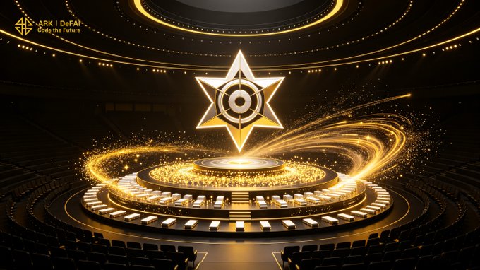 A futuristic golden arena features a glowing six-pointed star emblem at its center, surrounded by tiered seating and swirling light effects, with the text "ARK | DeFAI: Code the Future" displayed in the upper left corner, visually reinforcing the post's theme of Arkie AI App upgrades empowering creators and AI agents within an expanding ecosystem.