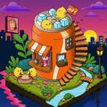The image is a vibrant, whimsical digital illustration of a colorful snail-like creature with a striped shell, surrounded by glowing orbs, set against a purple sunset landscape—matching the artistic style of the "Come As You Are" NFT sold by @zetsketches, which now has 5/10 editions remaining.