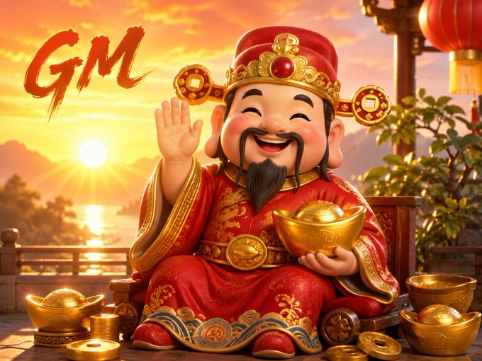 A cheerful figure of the God of Wealth (Thần Tài) sits holding a gold ingot, surrounded by golden treasures and coins, with the letters "GM" displayed in the upper left corner.

The image aligns with the post's theme by depicting Thần Tài, the deity of fortune and prosperity in Vietnamese culture, symbolizing the wishes for good luck and smooth progress being shared in the message.