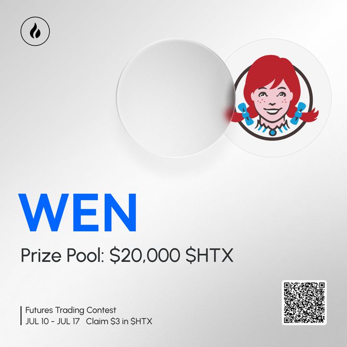 The image is a promotional graphic for a "$WEN" Futures Trading Contest on HTX, featuring a Wendy's logo and a prize pool of $20,000 $HTX, with details for a contest running from July 10-17 and a $3 claim in SHTX. The Wendy's mascot logo visually reinforces the "$WEN" ticker, tying the new listing to the iconic U.S. fast-food brand.