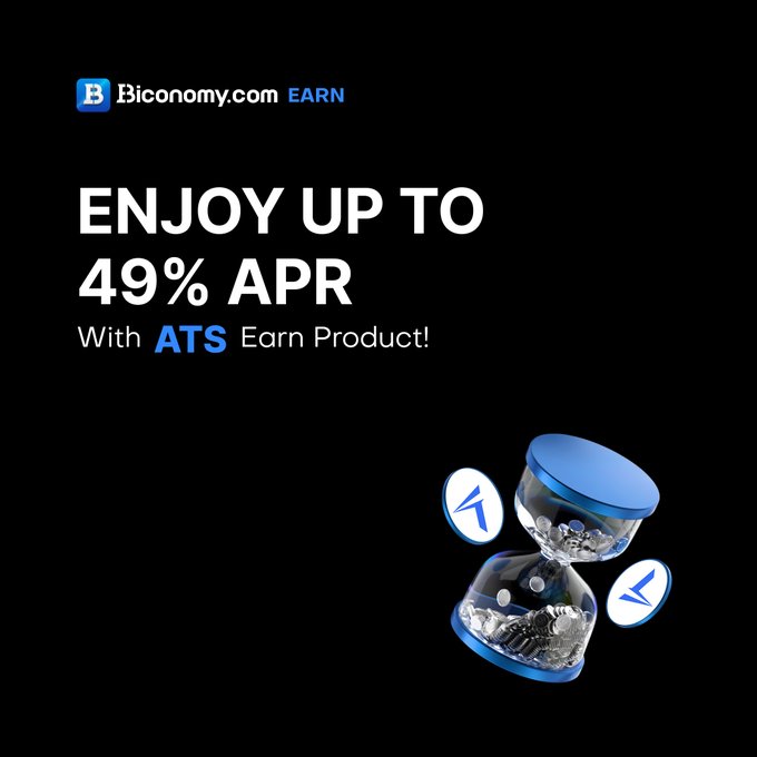 An advertisement on a black background for "Bconomy.com EARN," promoting "UP TO 49% APR With ATS Earn Product!" alongside a blue hourglass graphic with telegram icons.