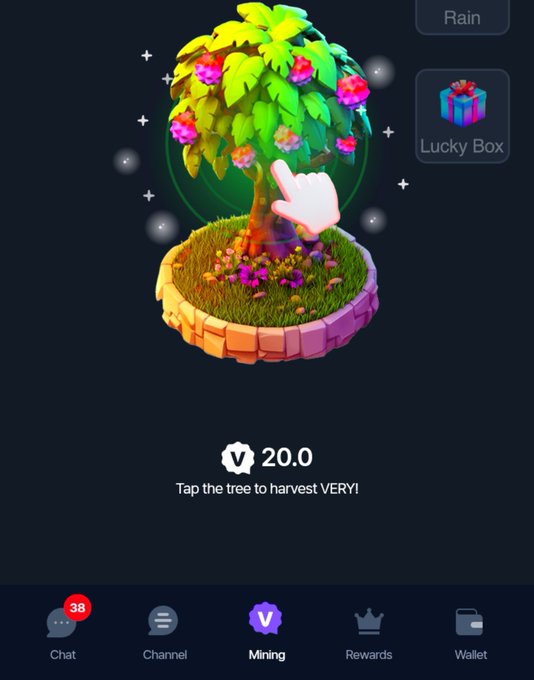 A mobile app screen displaying a 3D tree on a circular platform with the text '20.0' and 'Tap the tree to harvest VERY!', with a bottom menu including Chat, Channel, Mining, Rewards, and Wallet tabs.