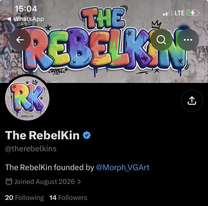 A Twitter/X profile page for 'The RebelKin' (@therebelkins), founded by @Morph_VGArt, featuring colorful graffiti-style branding, joined August 2026, with 20 following and 14 followers.