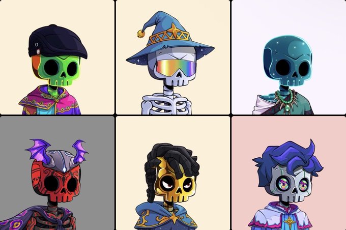 A 2x3 grid of six illustrated skeleton characters with various outfits including a green skull with beret, a wizard hat with rainbow glasses, a blue skull, a red demon, a golden skull with braids, and a purple-haired skull.