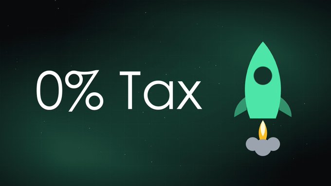 A graphic with a dark green gradient background features the text '0% Tax' in white, accompanied by a stylized illustration of a green rocket ship with flames emerging from its base.