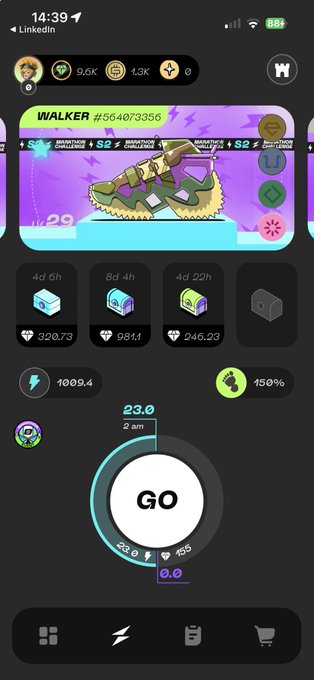 A mobile app screenshot from LinkedIn shows a StepN-style game interface featuring a digital sneaker labeled 'WALKER #364073356', in-game currency stats, and a large 'GO' button.