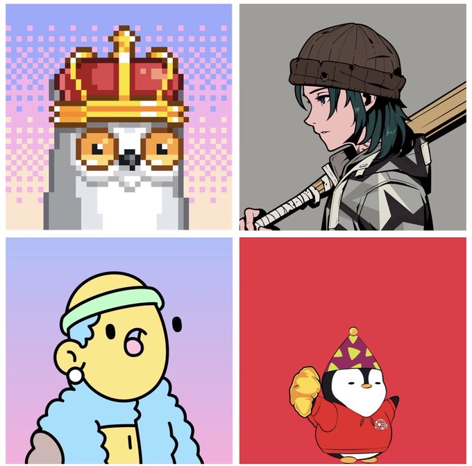 A four-panel illustration showing: top-left, a pixel art owl wearing a crown; top-right, an anime character with green hair and a beanie carrying a bat; bottom-left, a yellow character in a beanie; bottom-right, a penguin in a red hood holding bread.