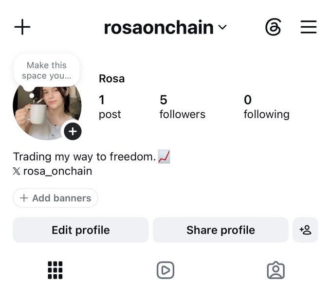 The image shows the Instagram profile page of "rosaonchain" (Rosa), displaying 1 post, 5 followers, and 0 following, with a bio reading "Trading my way to freedom 📈" and linking to "rosa_onchain" on X. The profile relates to the post's theme of content creation by showcasing a typical mid-sized Instagram creator (5 followers, single post) — the kind of account the post argues brands like @KASTxyz are paying thousands to for promotions, in contrast to unpaid Web3 grinders.