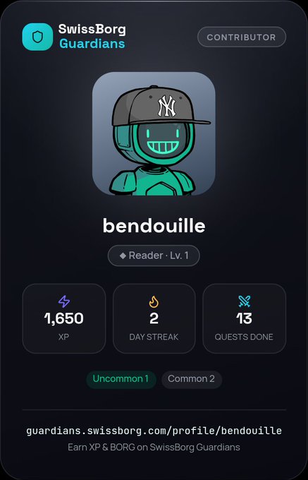 A dark-themed profile card for 'SwissBorg Guardians' user 'bendouille', showing a teal robot avatar with a NY Yankees cap, 'Reader · Lv. 1' status, '1,650 XP', a '2' day streak, '13' quests done, and 'Uncommon 1', 'Common 2' tags.