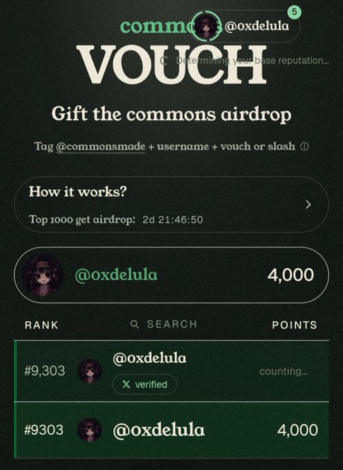The image shows a "commons" Vouch page featuring user @oxdelula with 4,000 points and a rank of #9,303, indicating they are part of the platform's reputation-based airdrop system. The page displays instructions to "Gift the commons airdrop" by tagging @commonsmade with usernames and vouches or slashes, with a countdown showing 2 days, 21 hours, 46 minutes, and 50 seconds remaining for the top 1,000 to receive the airdrop—aligning with the post's call to vouch for @0xdelula before the 3-day snapshot closes.